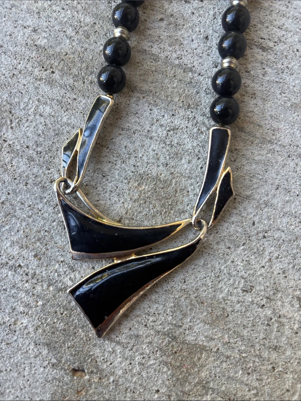 Vintage Black Modernist Statement with Sculpted Black Enamel Pendant